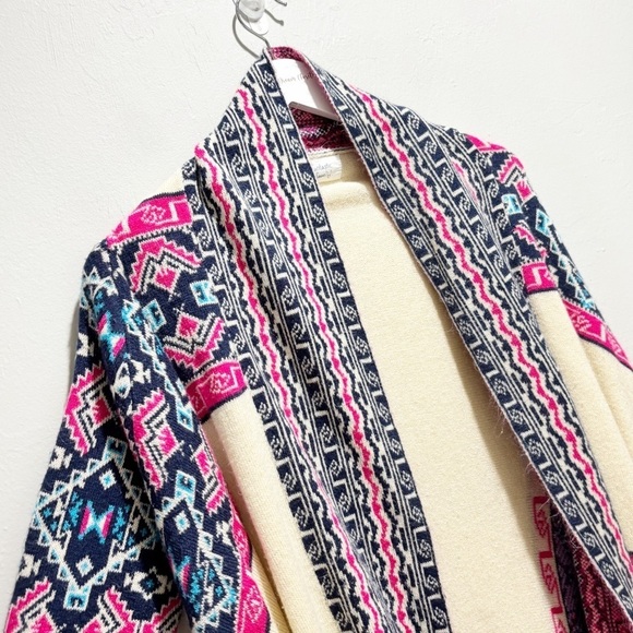 FANTASTIC FAWN Women’s Ivory Blue Pink Open Waterfall Cardigan Aztec Boho Sz M - Picture 2 of 9